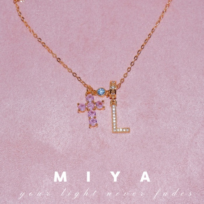 Hot Item Sweetheart Sniper~Pink Sparkling Stone Cross Necklace 26 Letters Full Niche Sweet Necklace