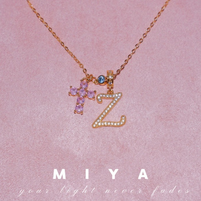 Hot Item Sweetheart Sniper~Pink Sparkling Stone Cross Necklace 26 Letters Full Niche Sweet Necklace