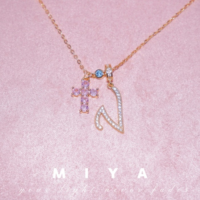 Hot Item Sweetheart Sniper~Pink Sparkling Stone Cross Necklace 26 Letters Full Niche Sweet Necklace