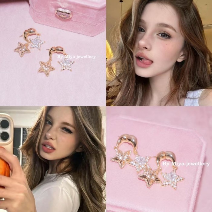 Copper Zirconia Earrings·Lucky Twins~Double-Sided Star Earrings 925 Silver Needle Sweet