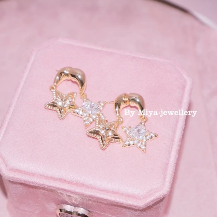Copper Zirconia Earrings·Lucky Twins~Double-Sided Star Earrings 925 Silver Needle Sweet