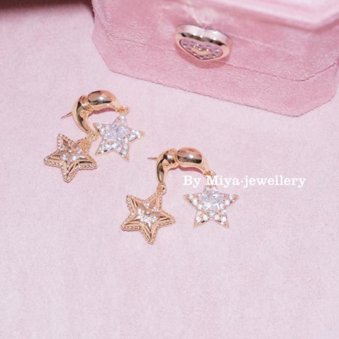 Copper Zirconia Earrings·Lucky Twins~Double-Sided Star Earrings 925 Silver Needle Sweet