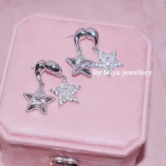 Copper Zirconia Earrings·Lucky Twins~Double-Sided Star Earrings 925 Silver Needle Sweet