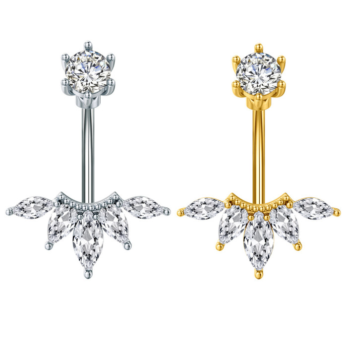 Cross-Border E-commerce New Style Horse Eye Fan-Shaped Up and Down Zircon Belly Button Ring Stainless Steel Belly Button Piercing Jewelry Online Sale