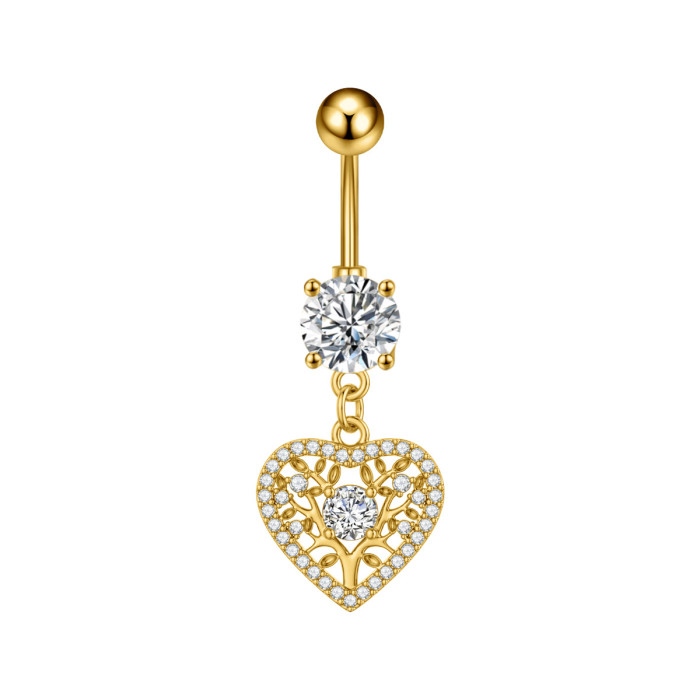 Cross-Border New Style Personalized Exquisite Stainless Steel Belly Button Ring Heart Tree of Life Bowknot Fan-Shaped Flower Zircon Belly Button Stud