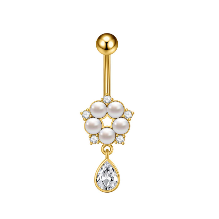 European and American Cross-Border New Stainless Steel Zircon Belly Button Ring Butterfly Chain Horse Eye Five-Leaf Flower Belly Button Stud Belly Button Ring