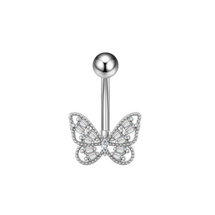 Cross-Border E-commerce New Stainless Steel Zircon Belly Button Ring Belly Button Stud Butterfly Pearl Chain Belly Button Ring Online Wholesale