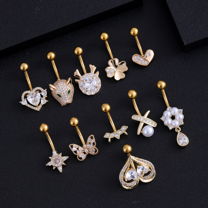 Cross-Border E-commerce New Stainless Steel Zircon Belly Button Ring Belly Button Stud Butterfly Pearl Chain Belly Button Ring Online Wholesale