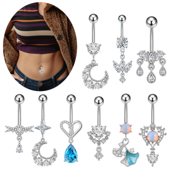 European and American Cross-Border New Stainless Steel Zircon Belly Button Ring Fashionable Personality Oil Drop Micro-Inlaid Belly Button Ring Belly Button Stud