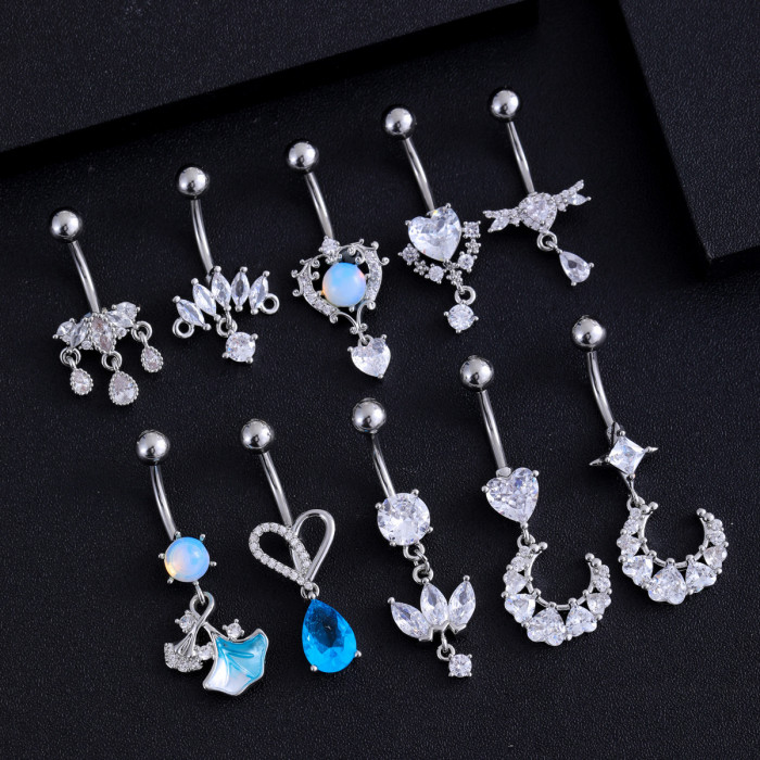 European and American Cross-Border New Stainless Steel Zircon Belly Button Ring Fashionable Personality Oil Drop Micro-Inlaid Belly Button Ring Belly Button Stud