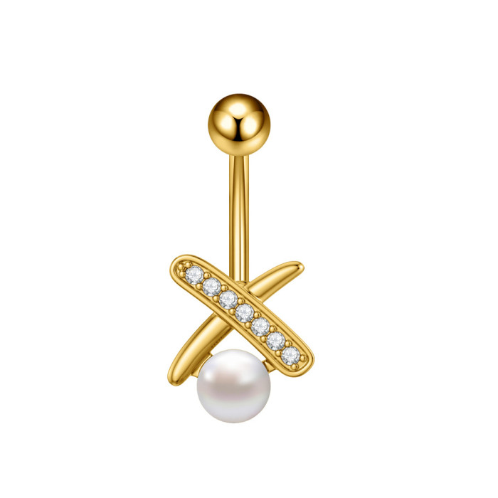 Cross-Border E-commerce New Stainless Steel Zircon Belly Button Ring Belly Button Stud Butterfly Pearl Chain Belly Button Ring Online Wholesale