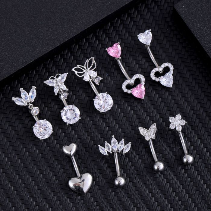Cross-Border E-commerce Belly Button Ring Round Zircon Butterfly Horse Eye Heart Shape Stainless Steel Zircon Belly Button Stud Online Wholesale