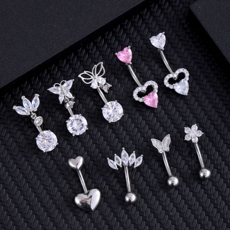 Cross-Border E-commerce Belly Button Ring Round Zircon Butterfly Horse Eye Heart Shape Stainless Steel Zircon Belly Button Stud Online Wholesale