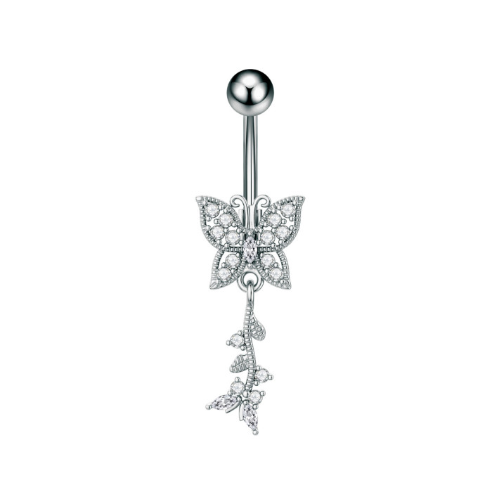 Cross-Border E-commerce New Product Navel Ring Copper Inlaid Zircon Heart-Shaped Water Drop Butterfly Pendant Navel Stud Body Piercing Jewelry