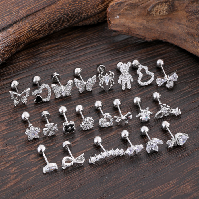 Minimalist Personality Stainless Steel Zircon Ear Bone Studs Exquisite Small Micro Inlaid Ear Studs Piercing Jewelry 0.8*6*4mm