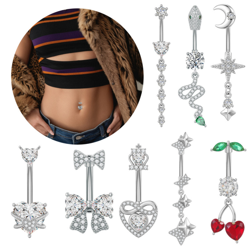 European and American Cross-Border New Stainless Steel Zircon Navel Ring Crown Cherry Butterfly Zircon Micro-Inlaid Navel Ring Navel Stud
