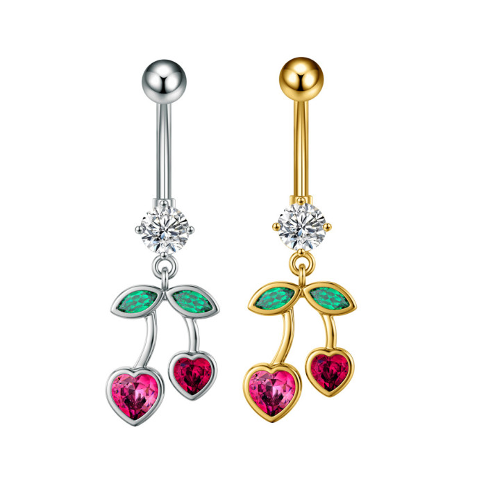 Cross-Border Belly Button Ring New Heart Cherry Pearl Moon Pentagram Full Zircon Butterfly Zircon Stainless Steel Belly Button Ring