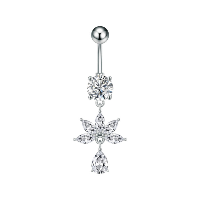 Cross-Border New Style Personalized Exquisite Stainless Steel Belly Button Ring Heart Tree of Life Bowknot Fan-Shaped Flower Zircon Belly Button Stud