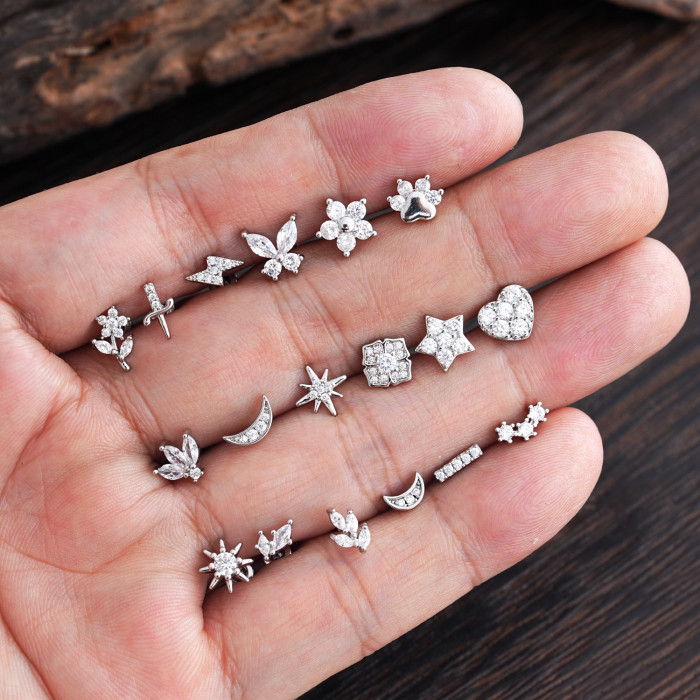 Cross-Border Minimalist Niche Micro Inlaid Zircon Ear Bone Studs Exquisite Real Gold Plated Ear Studs Piercing Jewelry 0.8*6*4mm