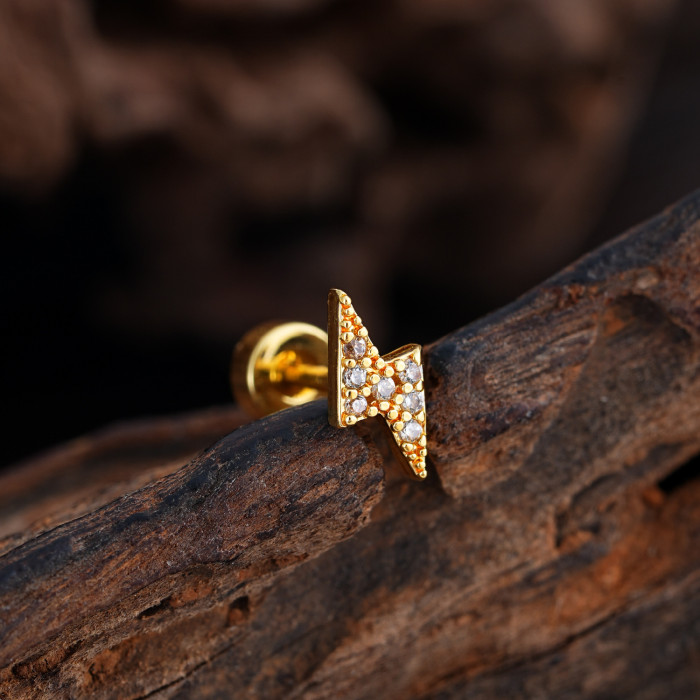 Cross-Border Minimalist Niche Micro Inlaid Zircon Ear Bone Studs Exquisite Real Gold Plated Ear Studs Piercing Jewelry 0.8*6*4mm