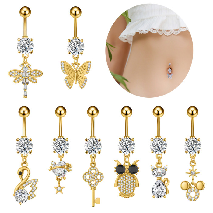 Cross-Border New Stainless Steel Belly Button Ring Cat Dragonfly Swan Geometric Rhombus Zircon Micro-Inlaid Belly Button Piercing