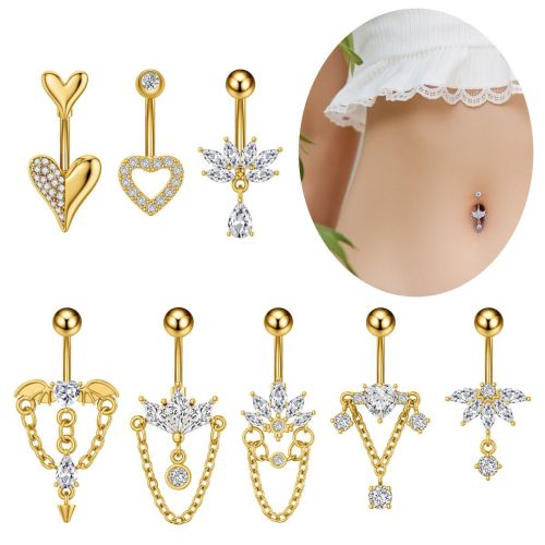 Cross-Border E-commerce New Stainless Steel Belly Button Ring Heart-Shaped Zircon Micro-Inlaid Marquise Chain Belly Button Piercing Jewelry