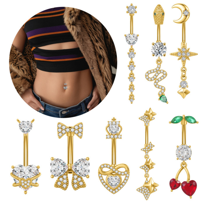 European and American Cross-Border New Stainless Steel Zircon Navel Ring Crown Cherry Butterfly Zircon Micro-Inlaid Navel Ring Navel Stud