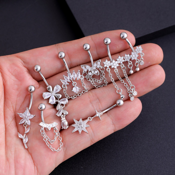 European and American Cross-Border New Stainless Steel Zircon Belly Button Ring Butterfly Chain Horse Eye Five-Leaf Flower Belly Button Stud Belly Button Ring