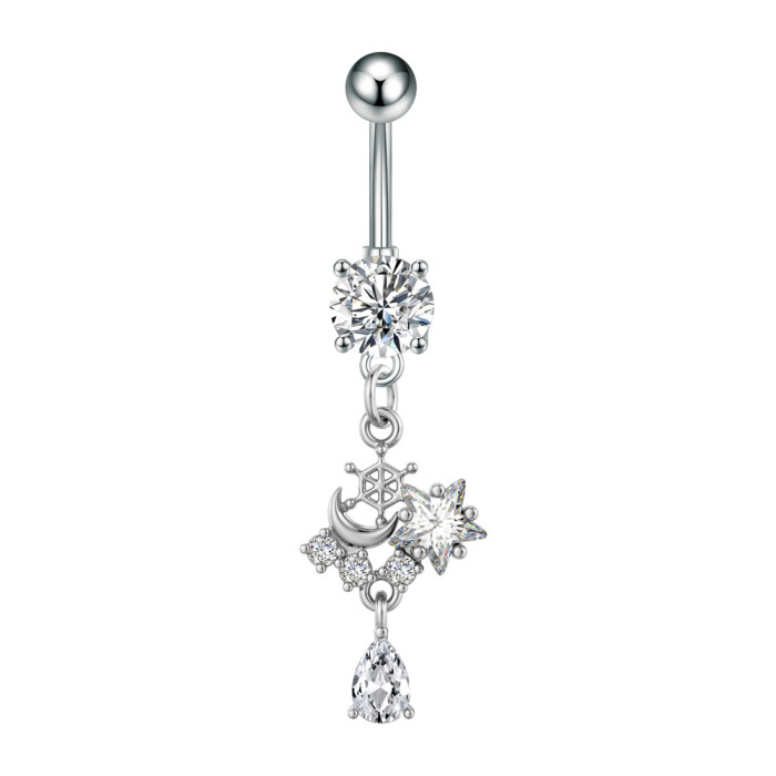 Cross-Border Belly Button Ring New Heart Cherry Pearl Moon Pentagram Full Zircon Butterfly Zircon Stainless Steel Belly Button Ring