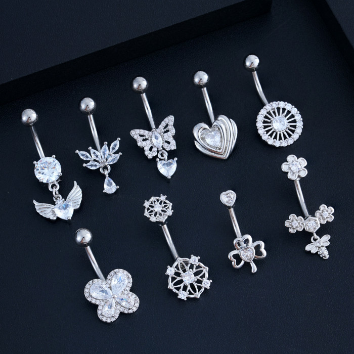 Cross-Border E-commerce New Navel Ring Heart-Shaped Zircon Navel Stud Butterfly Bee Piercing Navel Button In Stock Sale