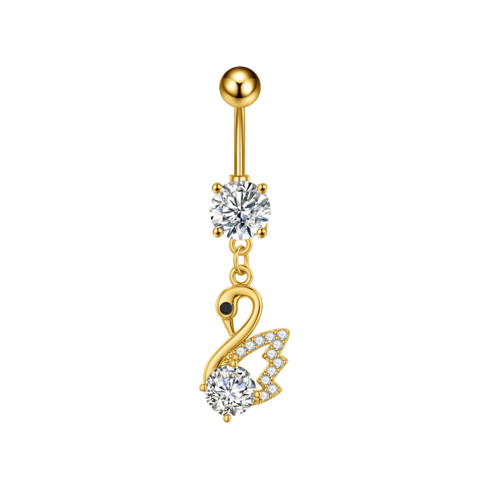 Cross-Border New Stainless Steel Belly Button Ring Cat Dragonfly Swan Geometric Rhombus Zircon Micro-Inlaid Belly Button Piercing