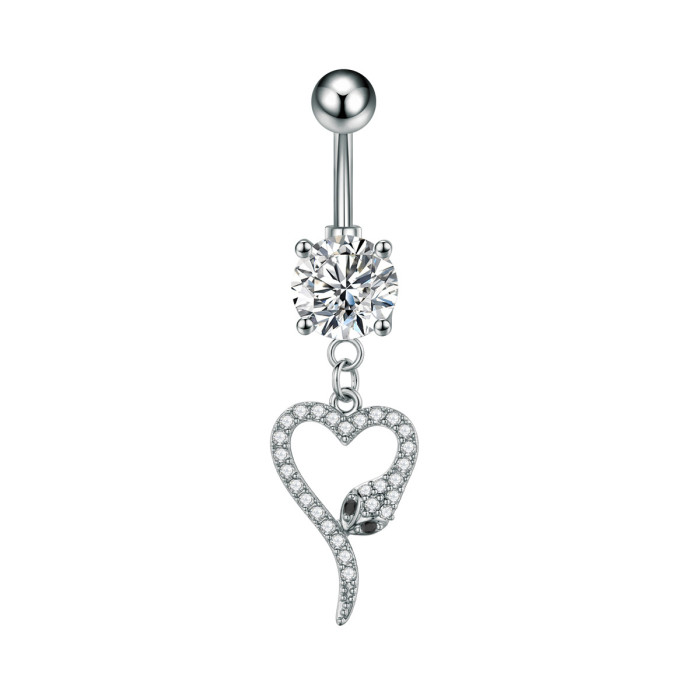 Cross-Border E-commerce New Pearl Heart-Shaped Snake Cross Pink Zircon Belly Button Ring Stainless Steel Zircon Belly Button Stud