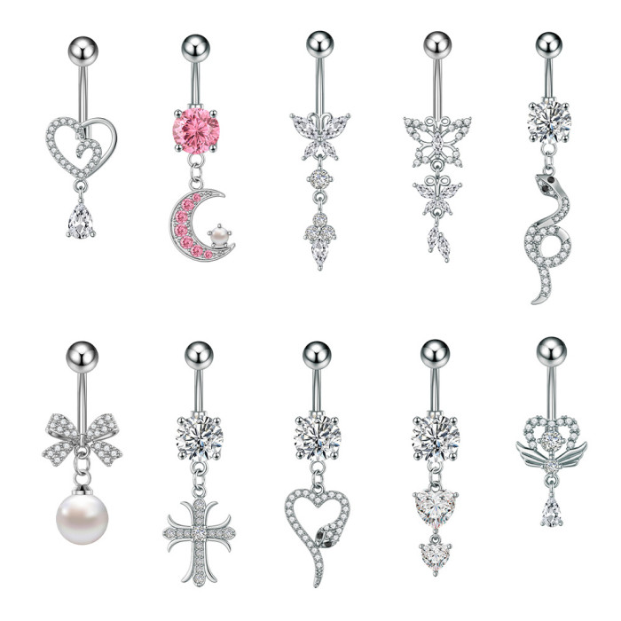 Cross-Border E-commerce New Pearl Heart-Shaped Snake Cross Pink Zircon Belly Button Ring Stainless Steel Zircon Belly Button Stud