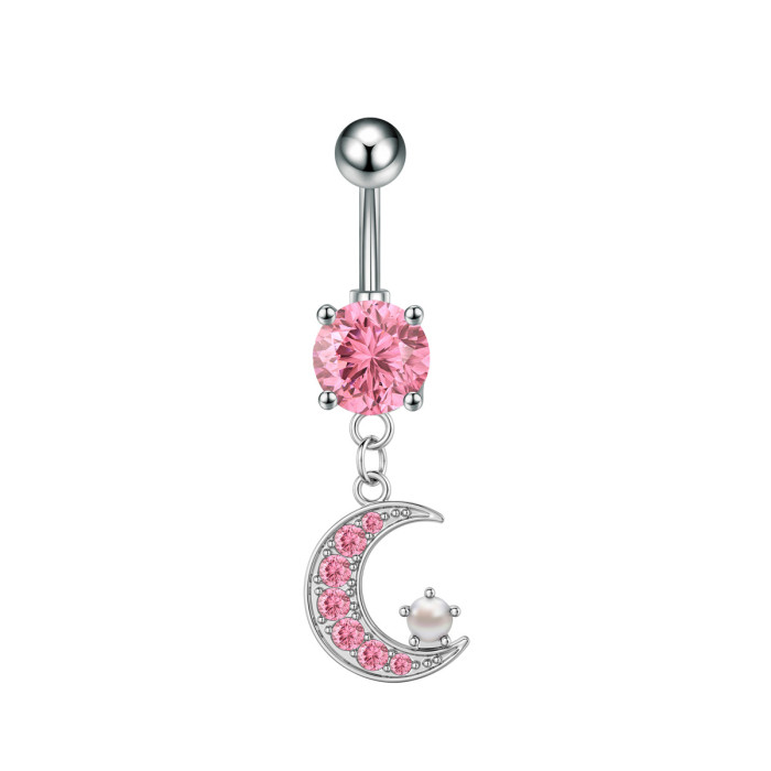 Cross-Border E-commerce New Pearl Heart-Shaped Snake Cross Pink Zircon Belly Button Ring Stainless Steel Zircon Belly Button Stud