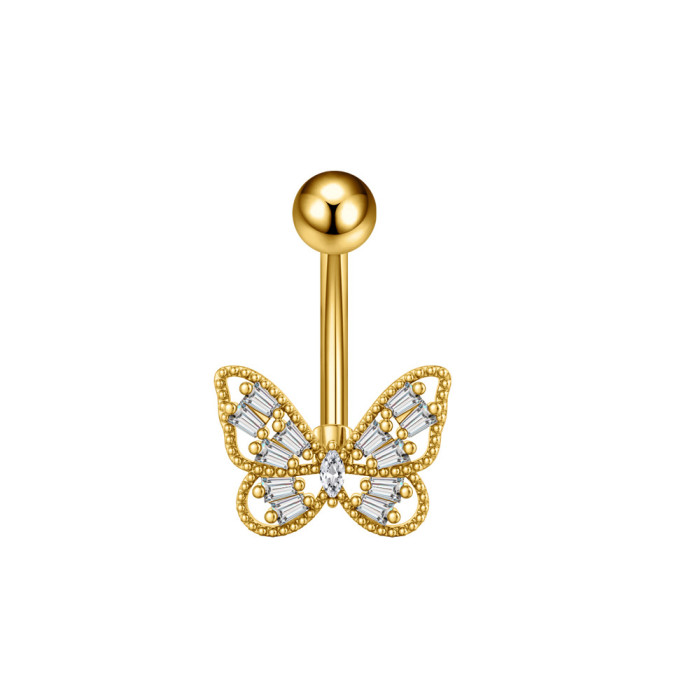 Cross-Border E-commerce New Stainless Steel Zircon Belly Button Ring Belly Button Stud Butterfly Pearl Chain Belly Button Ring Online Wholesale