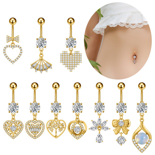 Cross-Border New Style Personalized Exquisite Stainless Steel Belly Button Ring Heart Tree of Life Bowknot Fan-Shaped Flower Zircon Belly Button Stud