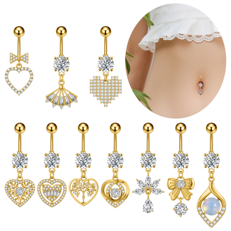 Cross-Border New Style Personalized Exquisite Stainless Steel Belly Button Ring Heart Tree of Life Bowknot Fan-Shaped Flower Zircon Belly Button Stud