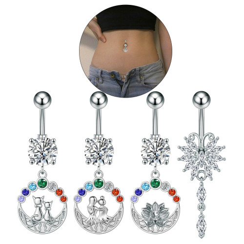 Cross-Border E-commerce New Style Swing Lotus Fox Colorful Zircon Belly Button Ring Stainless Steel Zircon Belly Button Stud