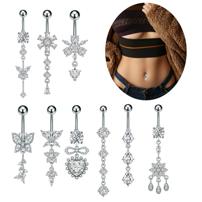 Cross-Border E-commerce New Product Navel Ring Copper Inlaid Zircon Heart-Shaped Water Drop Butterfly Pendant Navel Stud Body Piercing Jewelry