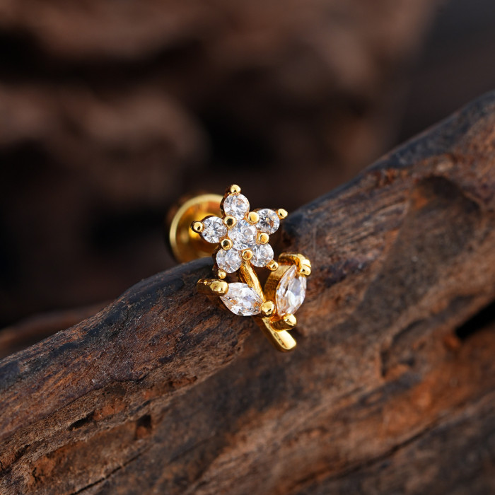 Cross-Border Minimalist Niche Micro Inlaid Zircon Ear Bone Studs Exquisite Real Gold Plated Ear Studs Piercing Jewelry 0.8*6*4mm