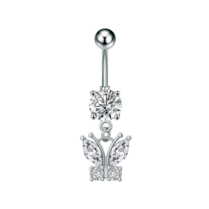 Amazon Cross-Border Belly Button Ring Butterfly Shiny Zircon Pendant Belly Button Stud European and American Piercing Jewelry In Stock Wholesale
