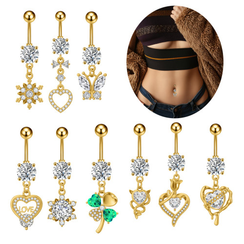 Amazon Cross-Border Belly Button Ring Butterfly Shiny Zircon Pendant Belly Button Stud European and American Piercing Jewelry In Stock Wholesale