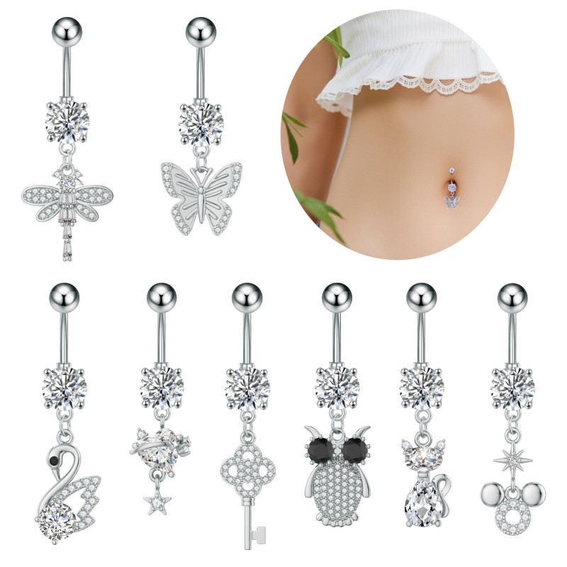 Cross-Border New Stainless Steel Belly Button Ring Cat Dragonfly Swan Geometric Rhombus Zircon Micro-Inlaid Belly Button Piercing