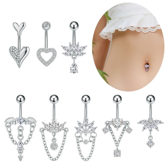 Cross-Border E-commerce New Stainless Steel Belly Button Ring Heart-Shaped Zircon Micro-Inlaid Marquise Chain Belly Button Piercing Jewelry