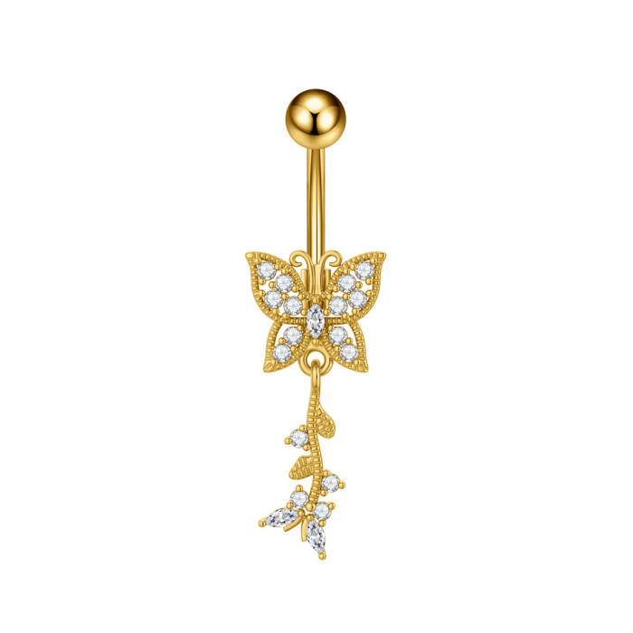 Cross-Border E-commerce New Product Navel Ring Copper Inlaid Zircon Heart-Shaped Water Drop Butterfly Pendant Navel Stud Body Piercing Jewelry