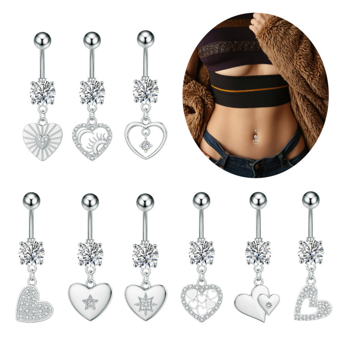 E-commerce New Stainless Steel Heart-Shaped Series Zircon Belly Button Ring Micro-Inlaid Belly Button Piercing Jewelr...