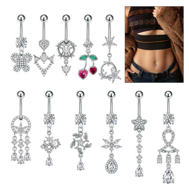 Cross-Border Belly Button Ring New Heart Cherry Pearl Moon Pentagram Full Zircon Butterfly Zircon Stainless Steel Belly Button Ring