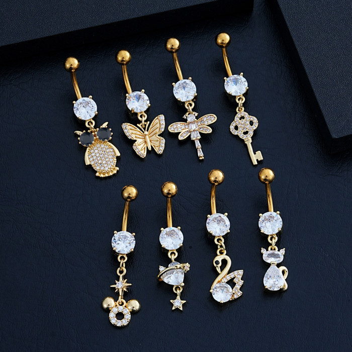 Cross-Border New Stainless Steel Belly Button Ring Cat Dragonfly Swan Geometric Rhombus Zircon Micro-Inlaid Belly Button Piercing