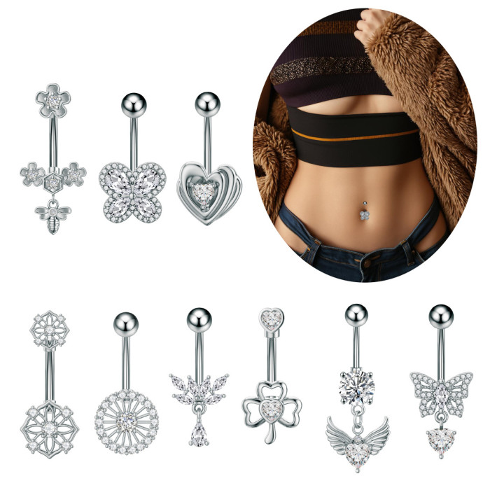 Cross-Border E-commerce New Navel Ring Heart-Shaped Zircon Navel Stud Butterfly Bee Piercing Navel Button In Stock Sale