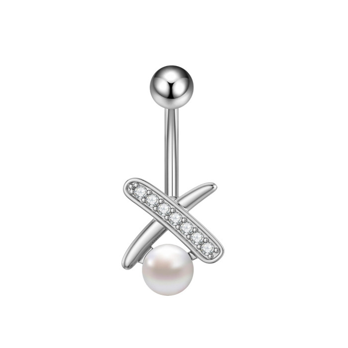 Cross-Border E-commerce New Stainless Steel Zircon Belly Button Ring Belly Button Stud Butterfly Pearl Chain Belly Button Ring Online Wholesale